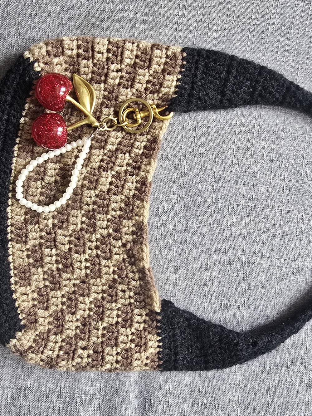 Handmade Brown & Black Crochet Shoulder Bag with Cherry Charm